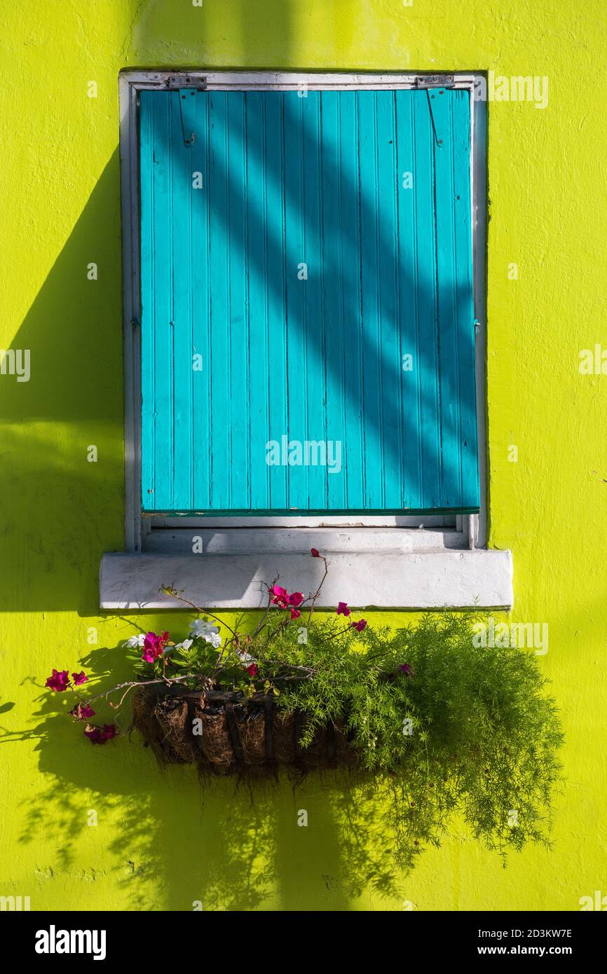 Caribbean, Bahamas, Providence Island, Nassau, Heritage village, Colourful window shutter Stock