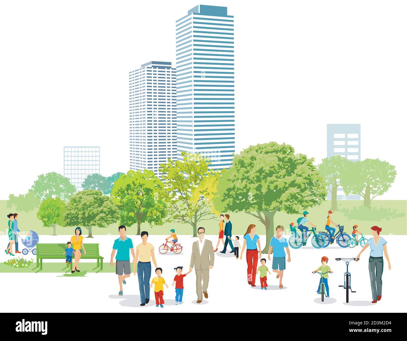 Families and pedestrians in the park, illustration Stock Vector