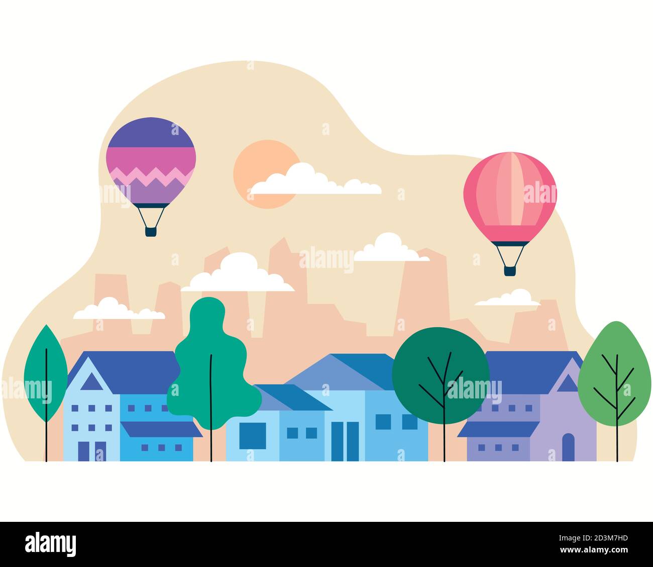 City houses with hot air balloons trees sun and clouds vector design ...