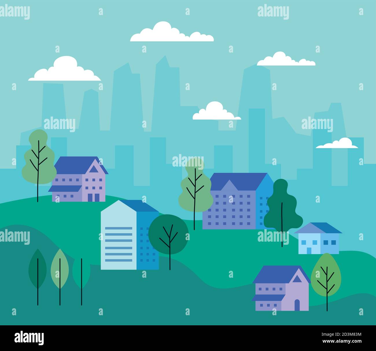 City landscape with houses trees and clouds vector design Stock Vector ...