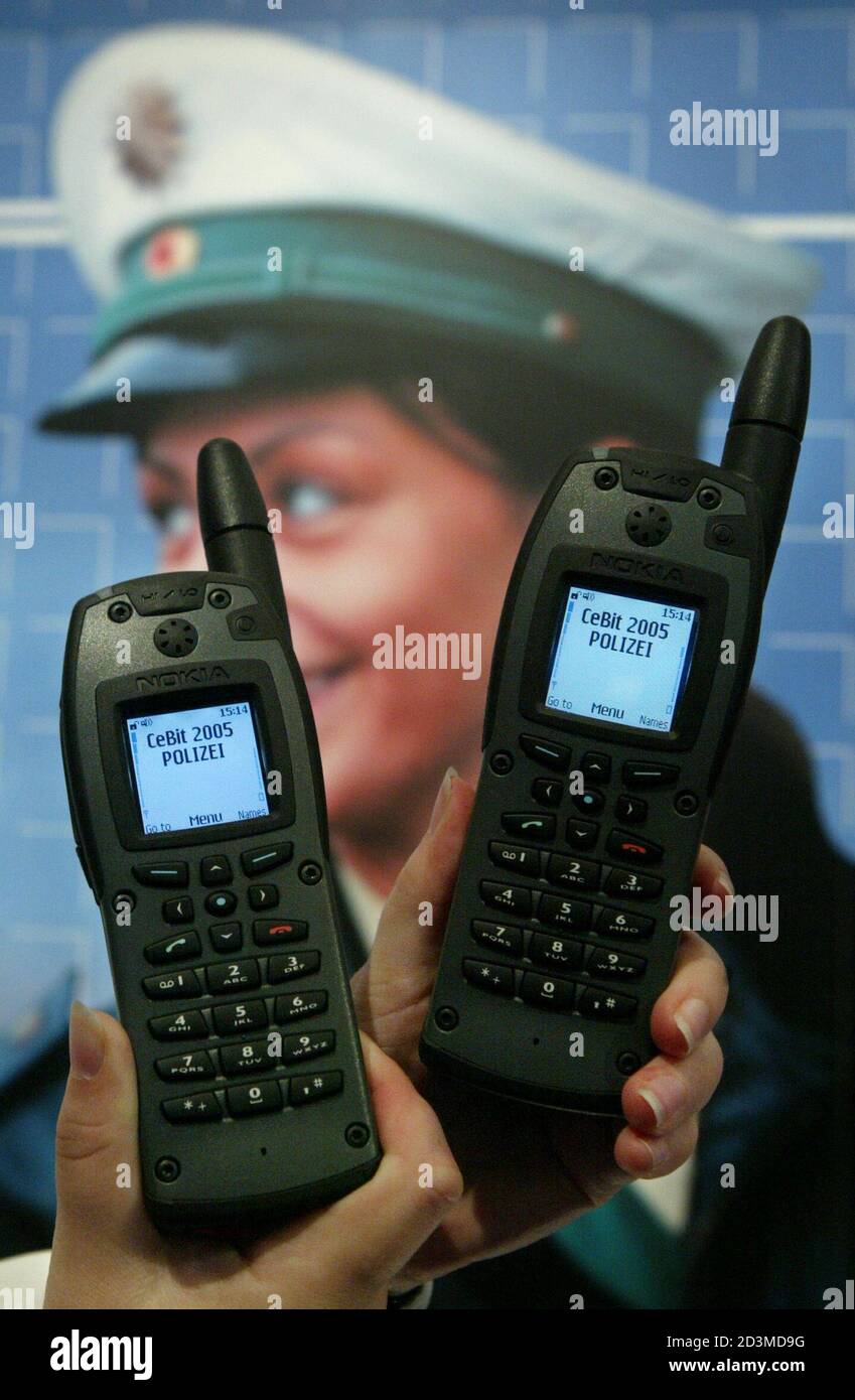 Nokia THR 880i professionel mobile radios to use with the new European Tetra  (Terrestrial Trunked Radio) networks for public safty and security are seen  at the CeBIT computer fair in Hanover March