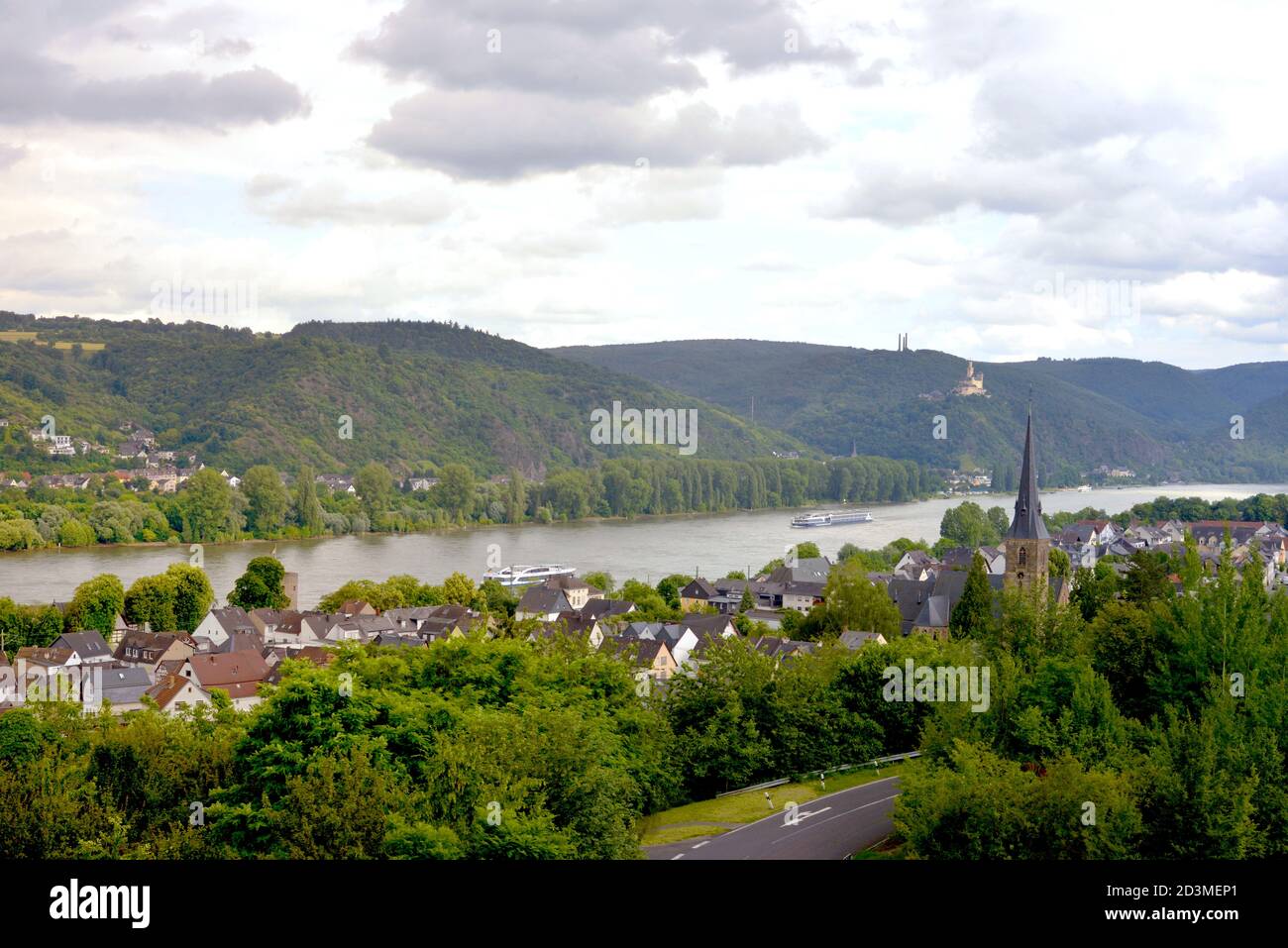 Rhens, Germany landscape with rhine river and villages and hills Stock Photo