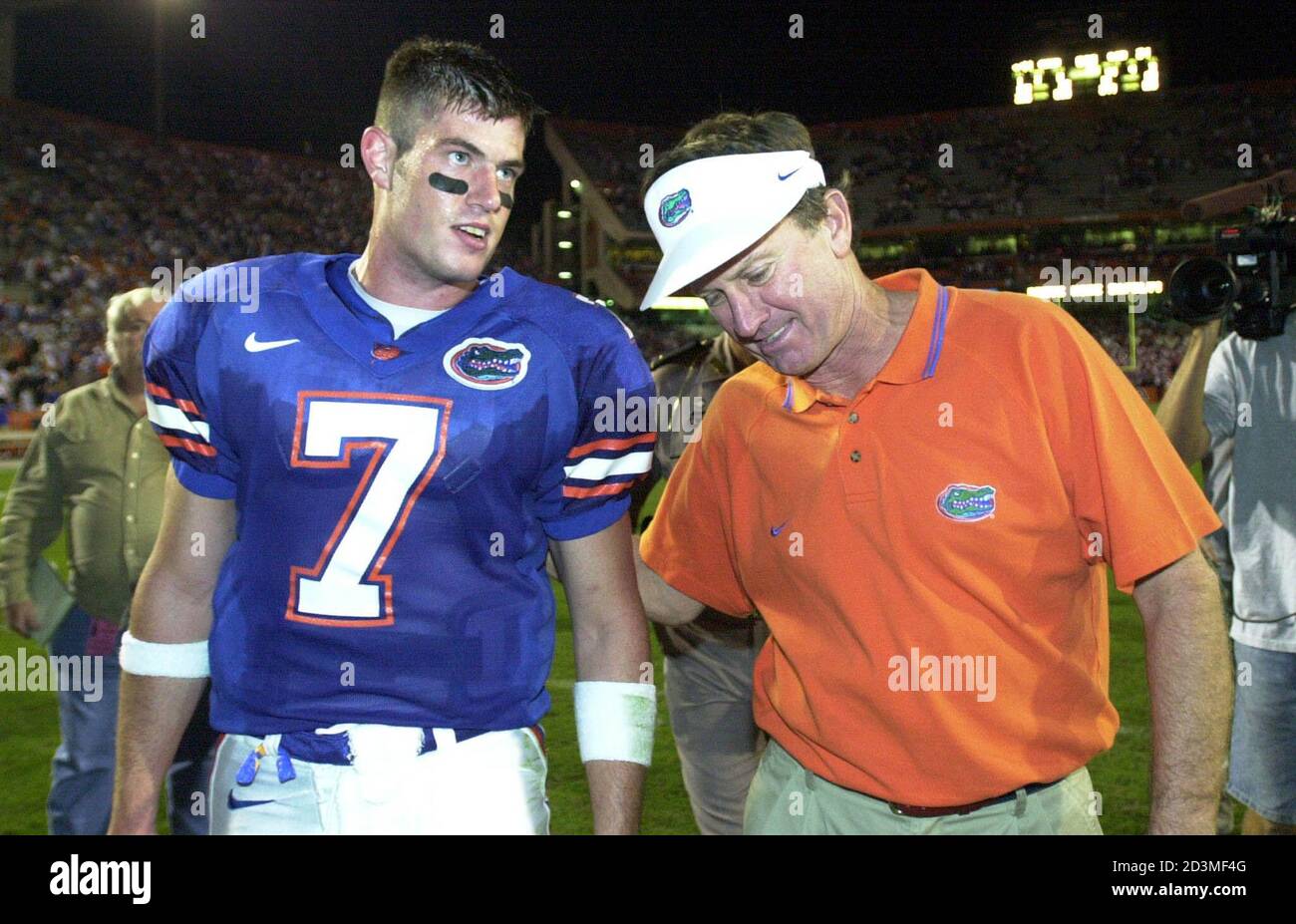 University of Florida head coach Steve Spurrier talks to Quarterback Jesse  Palmer after the Gators defeated the South Carolina Gamecocks 41 to 21  during NCAA football action at Florida Field in Gainesville,