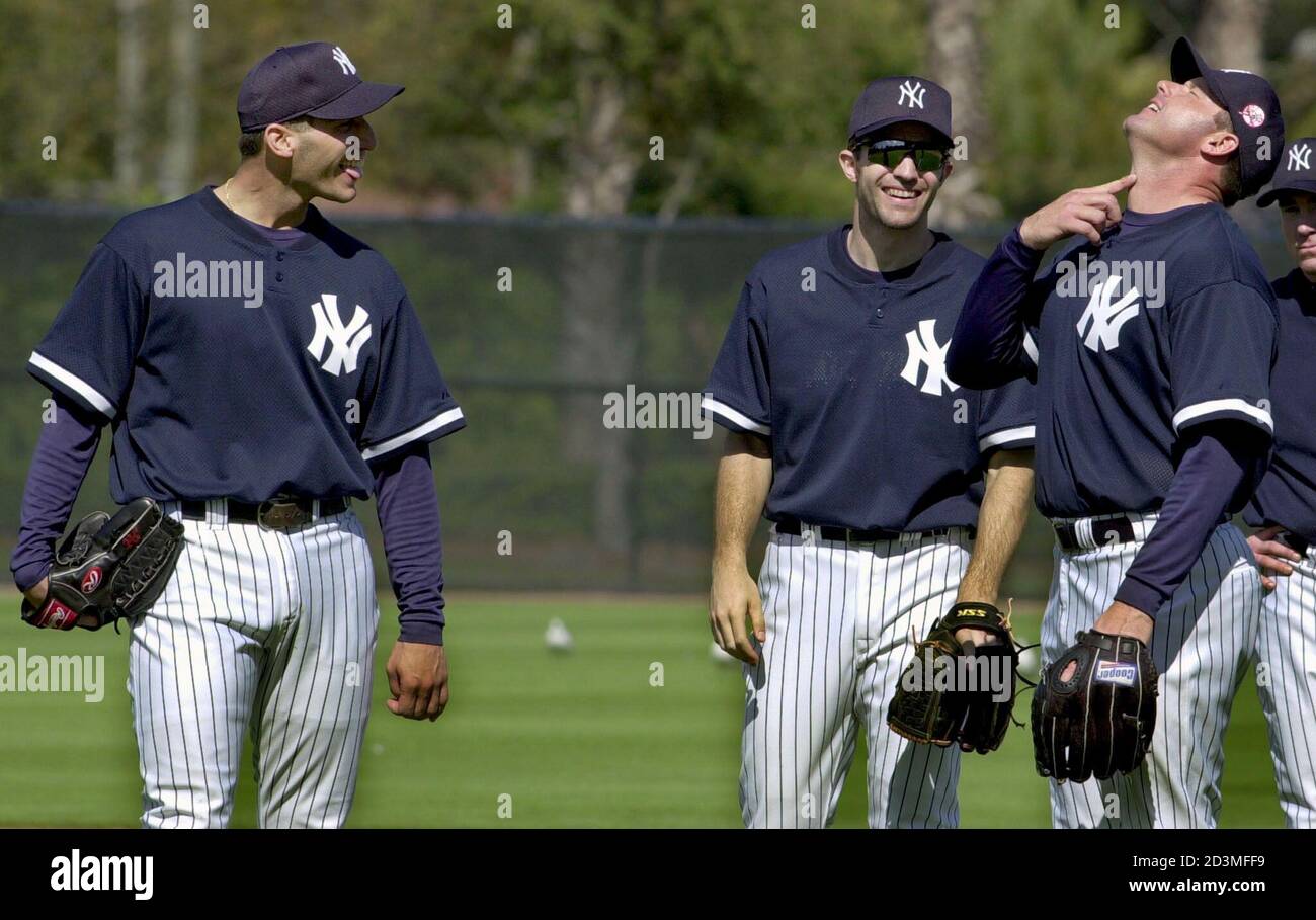 New York Yankee starting pitchers (L to R) Andy Pettitte, Mike Mussina and  Roger Clemens joke around as they gather with pitching and catching  teammates at Legends Field in Tampa, Florida, February