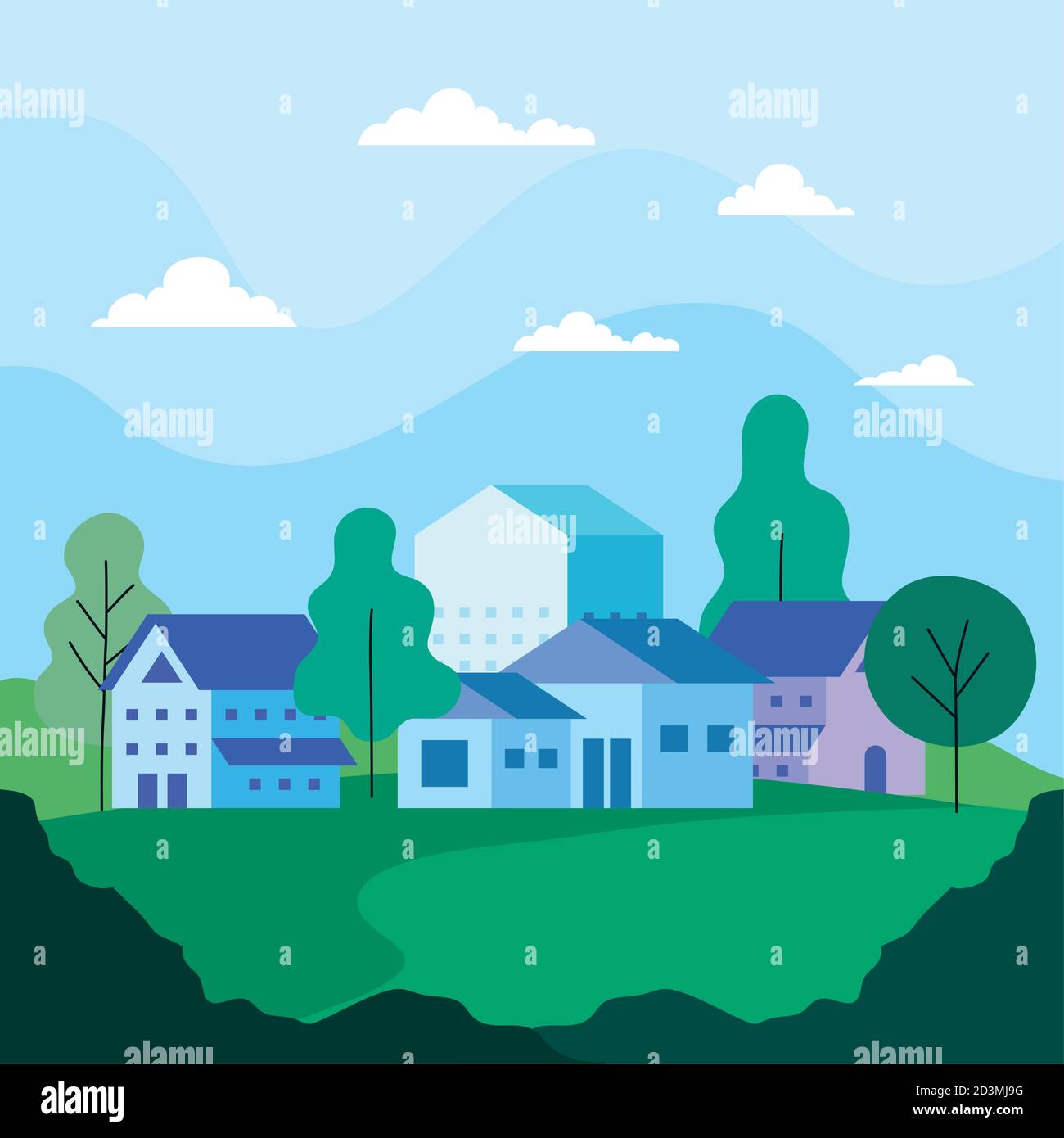 City landscape with houses trees and clouds vector design Stock Vector ...