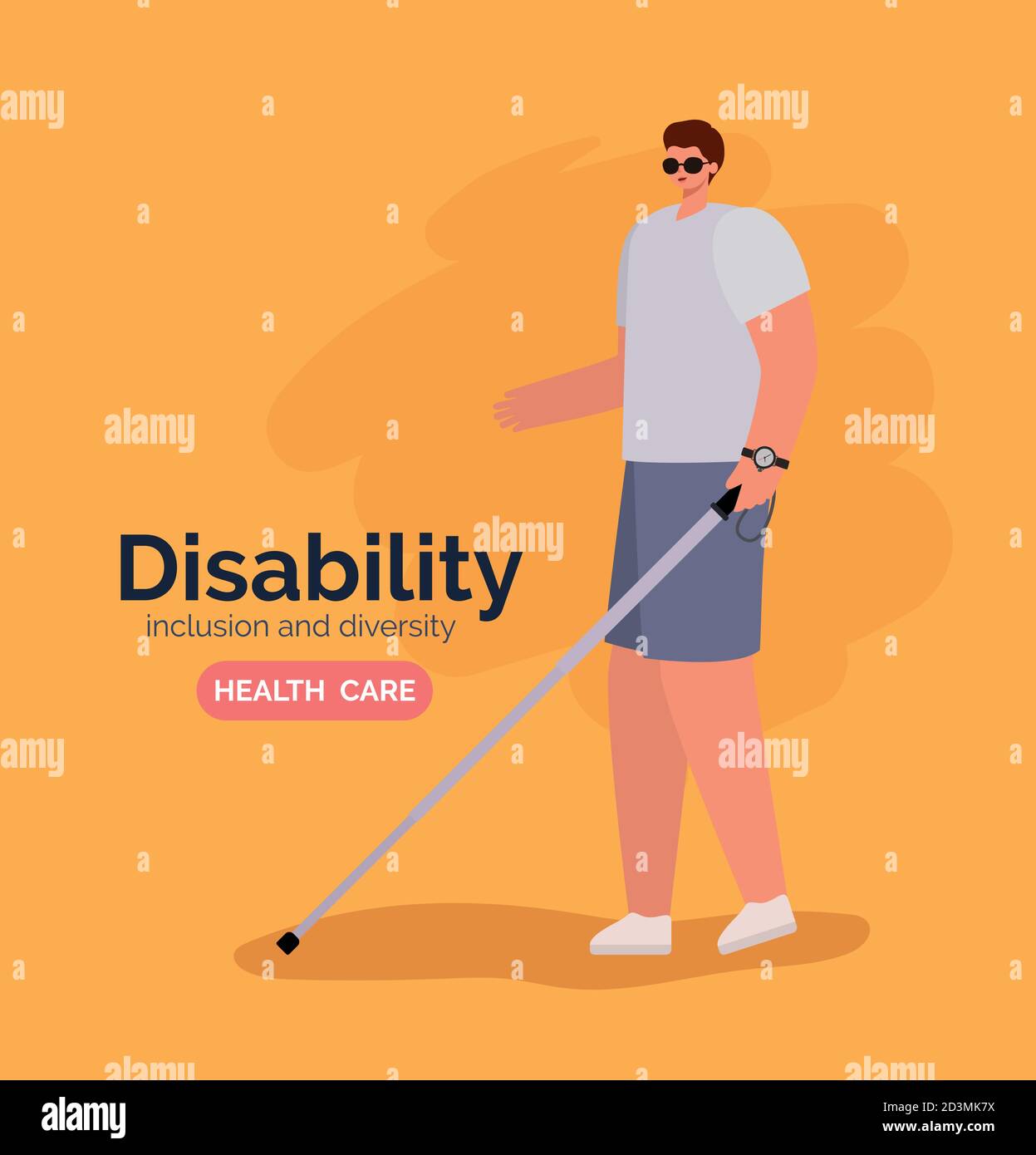 disability blind man cartoon with glasses and cane vector design Stock