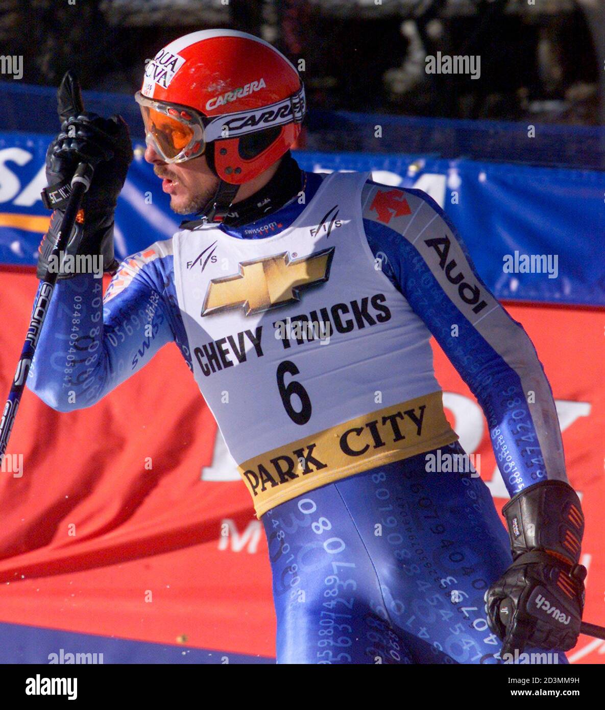 Michael Von Gruenigen of Switzerland celebrates winning the men's World Cup  giant slalom after crossing the finish line in Park City, Utah, November  22, 2002. Von Grueningen finished in a time of