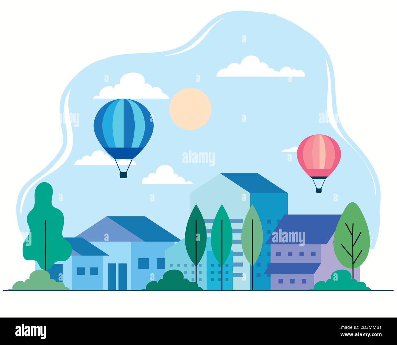 City houses with hot air balloons trees sun and clouds vector design ...