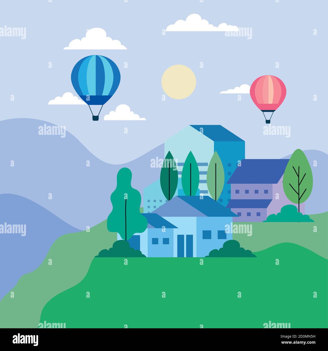 City houses with hot air balloons trees sun and clouds vector design ...