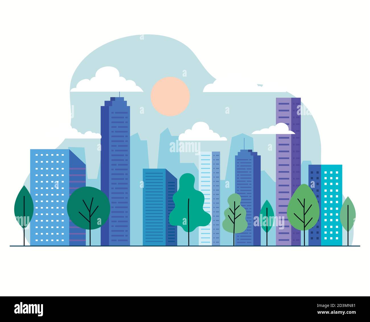 city buildings with trees sun and clouds vector design Stock Vector ...