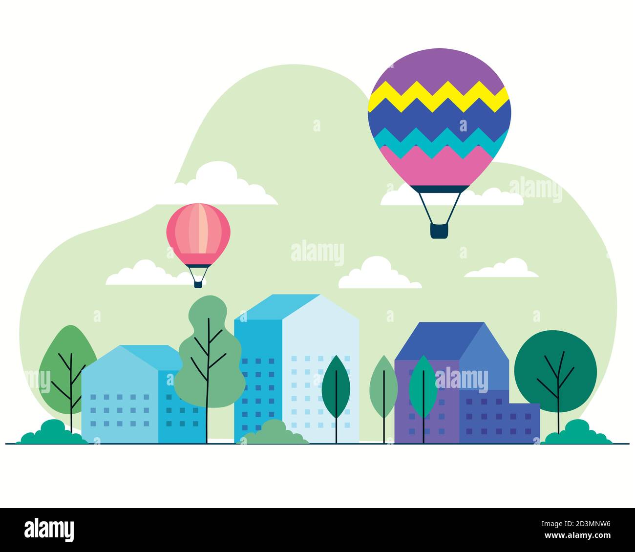 City houses with hot air balloons trees and clouds vector design Stock ...