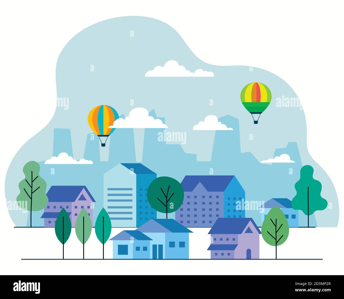 City houses with hot air balloons trees and clouds vector design Stock ...