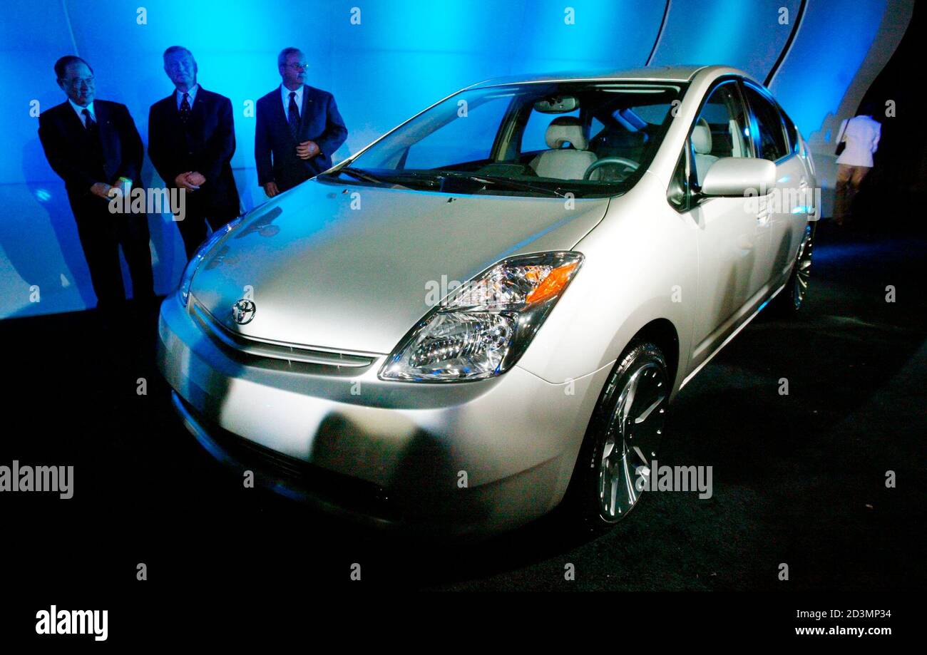 The 2004 Toyota Prius makes it's world premiere at the 2003 New York Auto show April 16, 2003. The Prius is a 'full hybrid system' car that can operate in either gas or electric modes as well as a mode in which both the gas engine and the electric motor are in operation. The Prius is expected to get as much as the mid-50's in miles per gallon. REUTERS/Jeff Christensen  JC/GAC Stock Photo