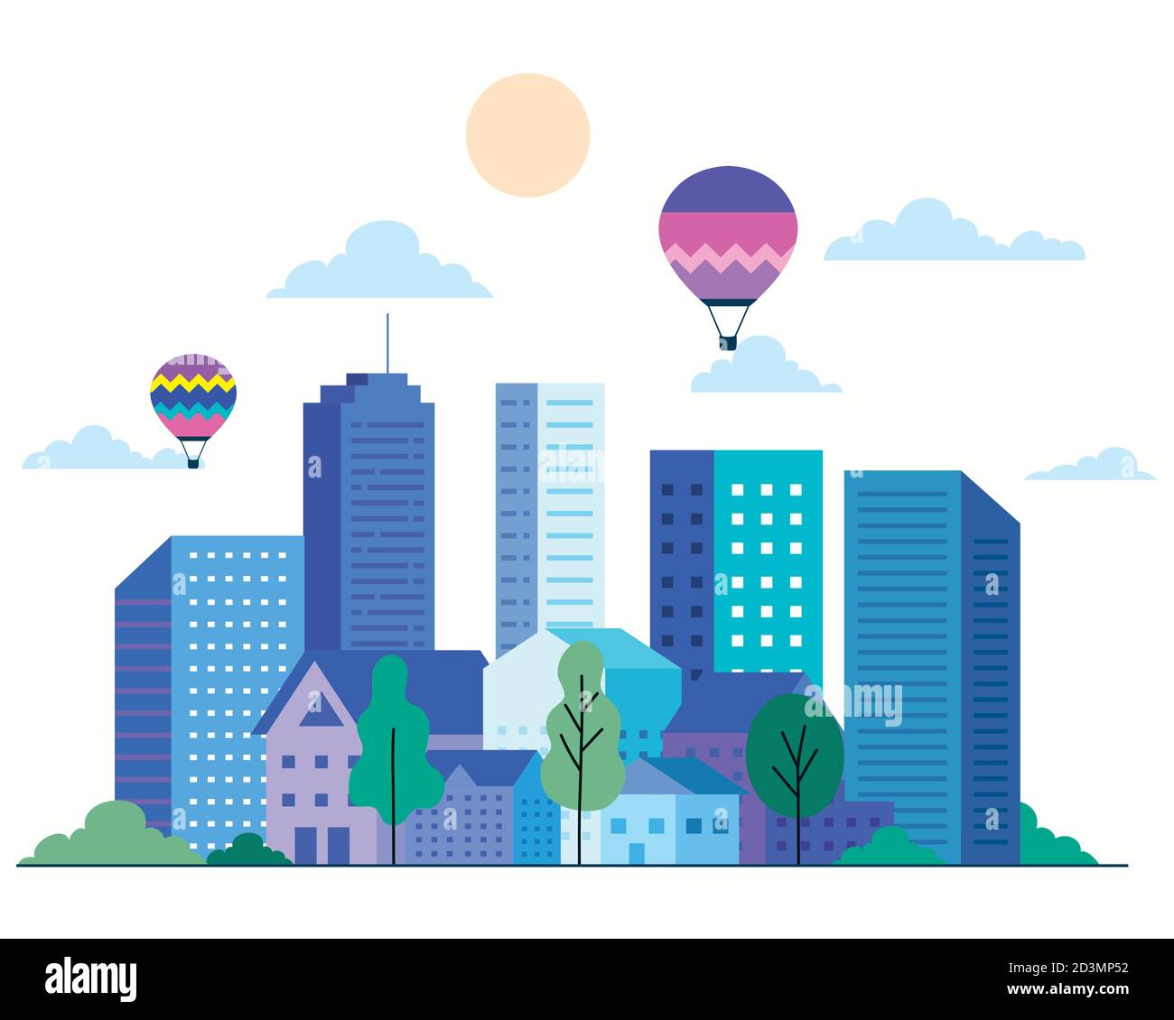 City landscape with buildings houses hot air balloons trees sun and ...