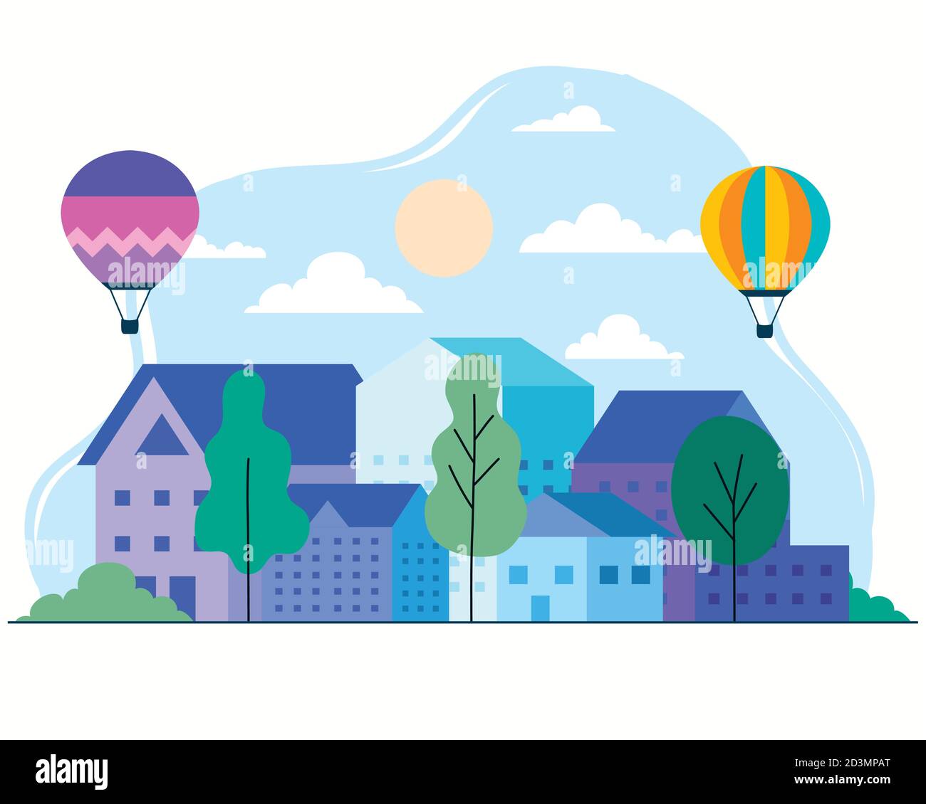 City houses with hot air balloons trees sun and clouds vector design ...