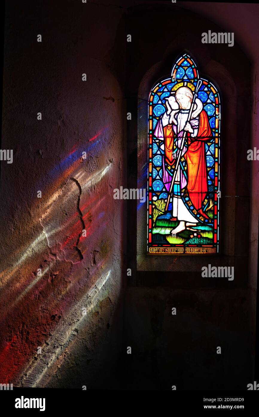 Interior view of a stained glass window, Grade Church, Cornwall, UK - John Gollop Stock Photo