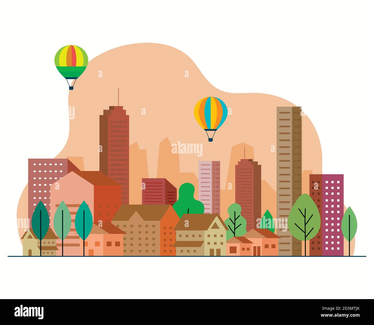 City landscape with orange buildings houses hot air balloons and trees ...