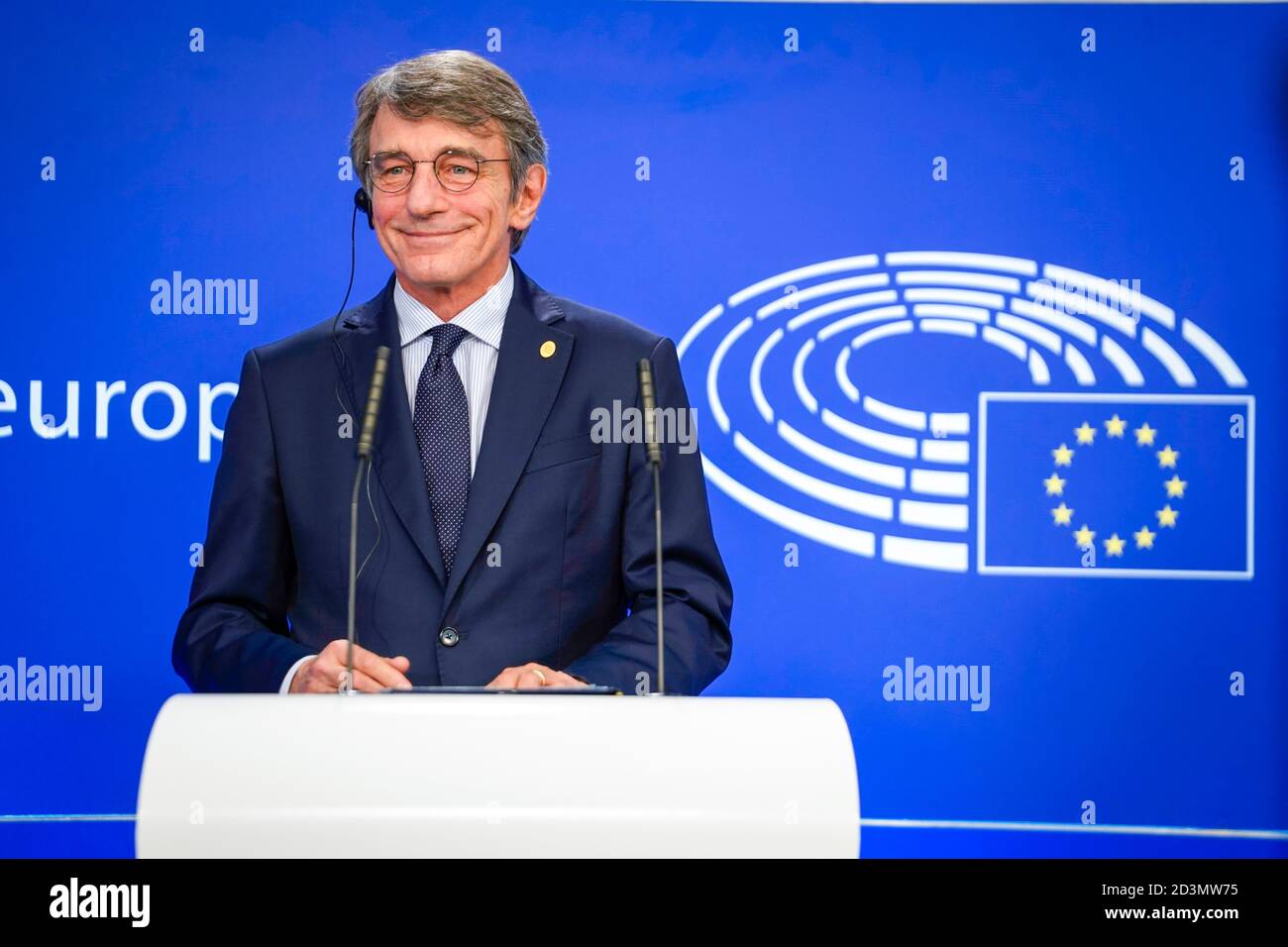 (201008) -- BRUSSELS, Oct. 8, 2020 (Xinhua) -- The President of the European Parliament David Sassoli attends a press conference in Brussels, Belgium, Oct. 1, 2020. The President of the European Parliament David Sassoli said Thursday that he had decided to self-isolate after contact with a staff member who tested positive for COVID-19. (European Parliament/Daina Le Lardic/Handout via Xinhua) Stock Photo