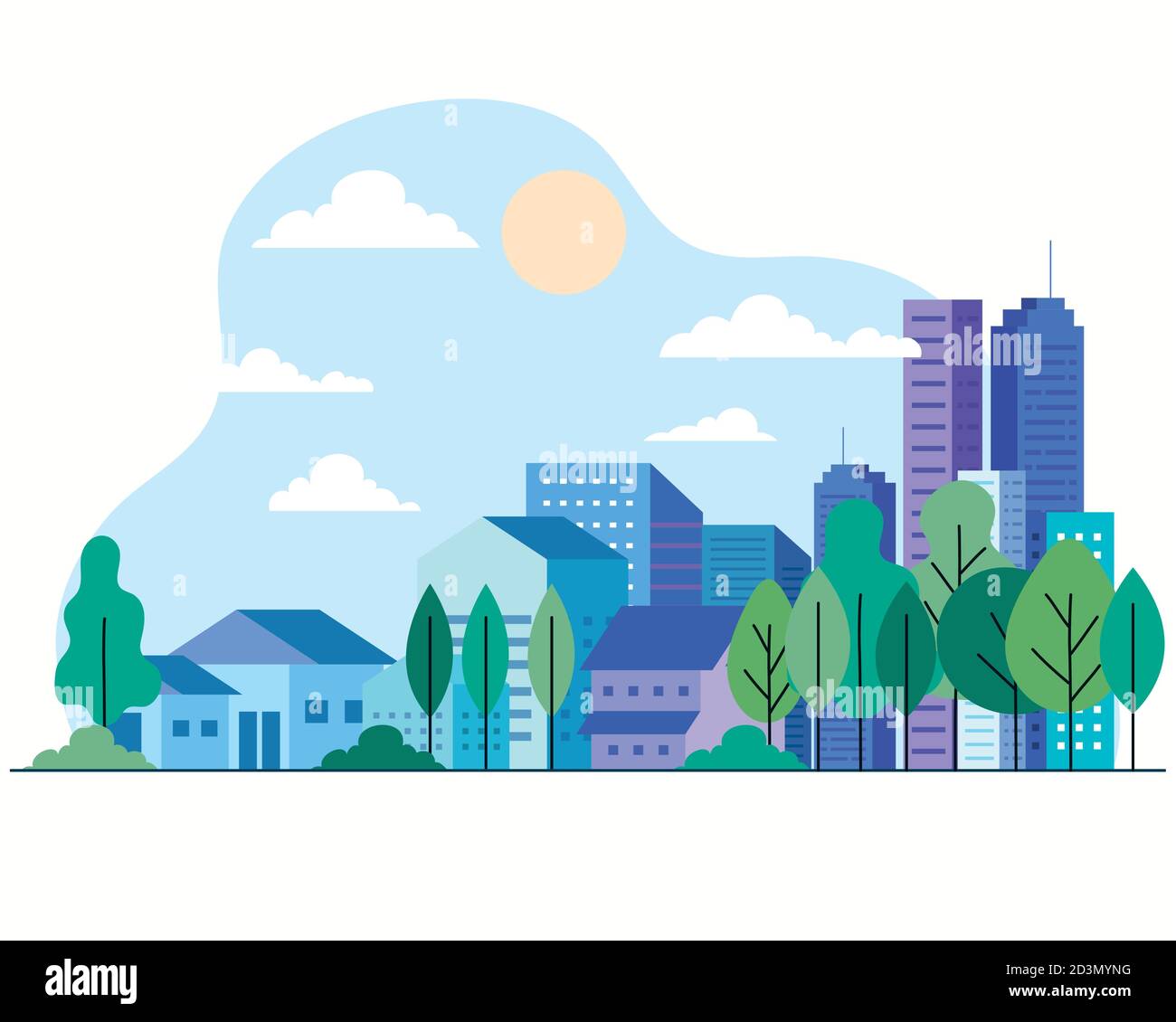 city buildings and houses with trees sun and clouds vector design Stock ...