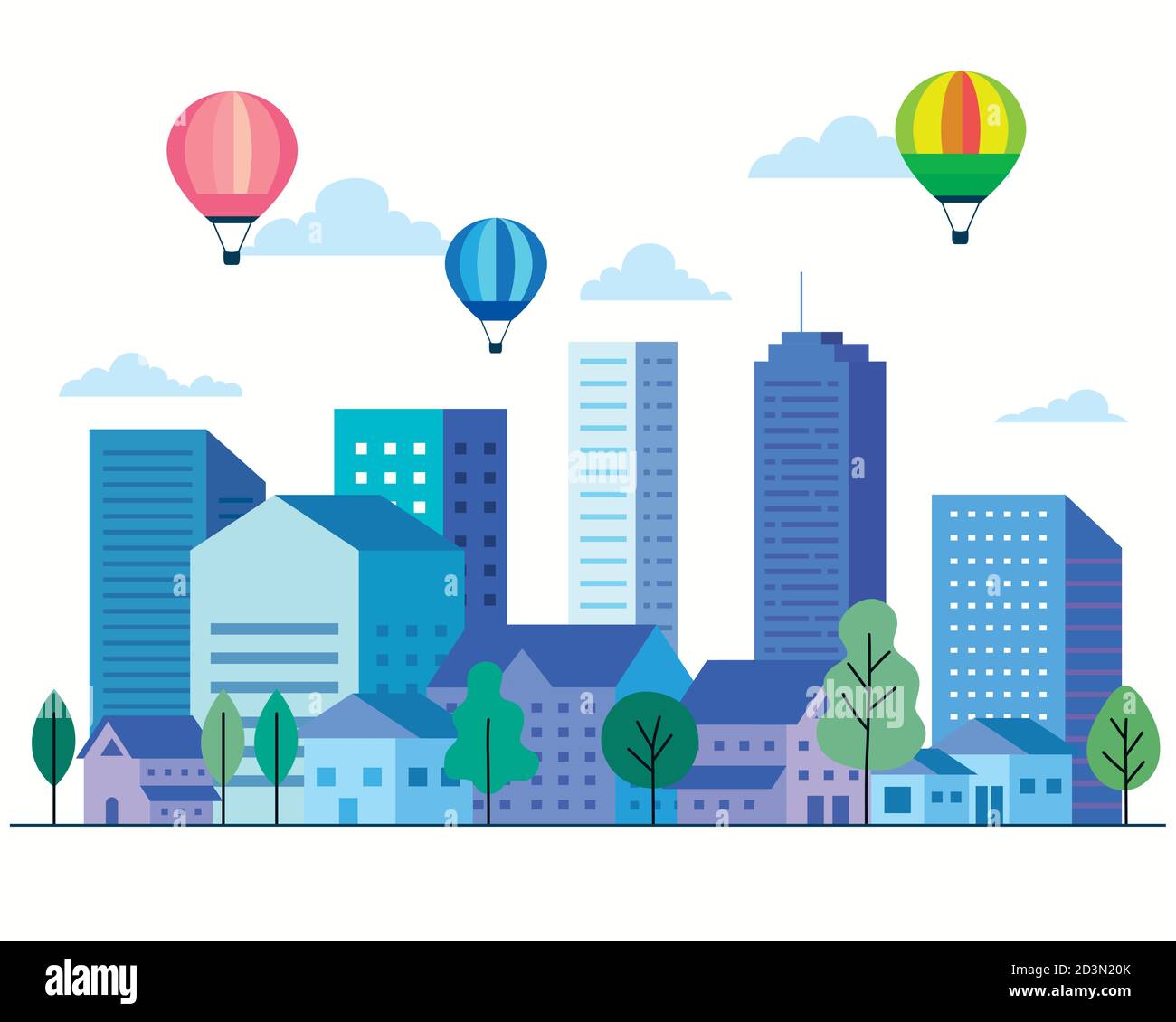 City landscape with buildings houses hot air balloons trees and clouds ...