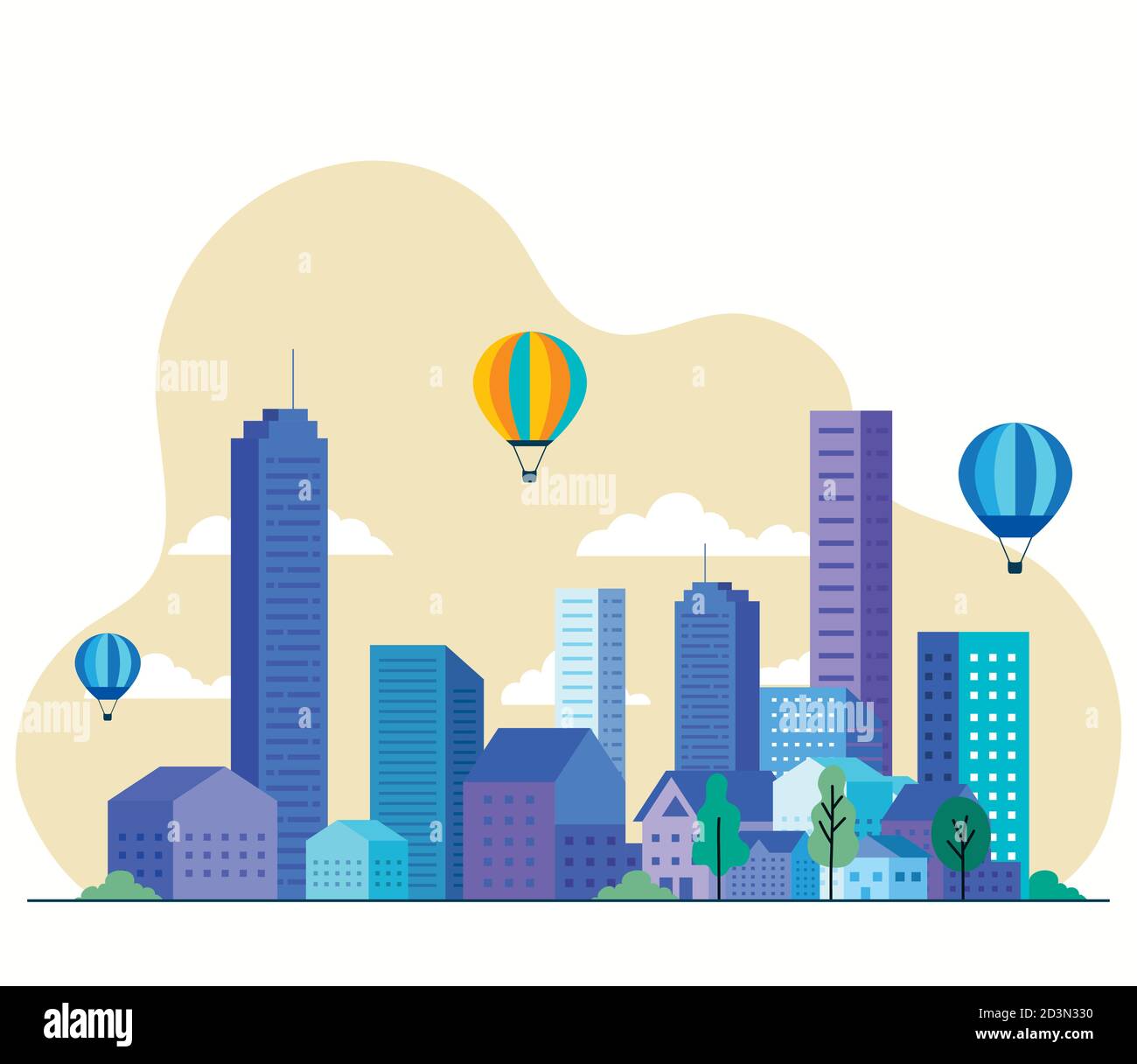 City landscape with buildings houses hot air balloons trees and clouds ...