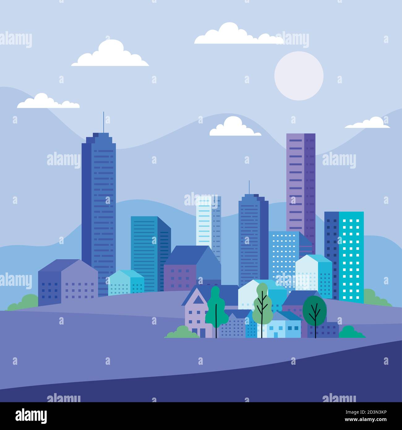 City landscape with buildings houses trees clouds and sun vector design ...