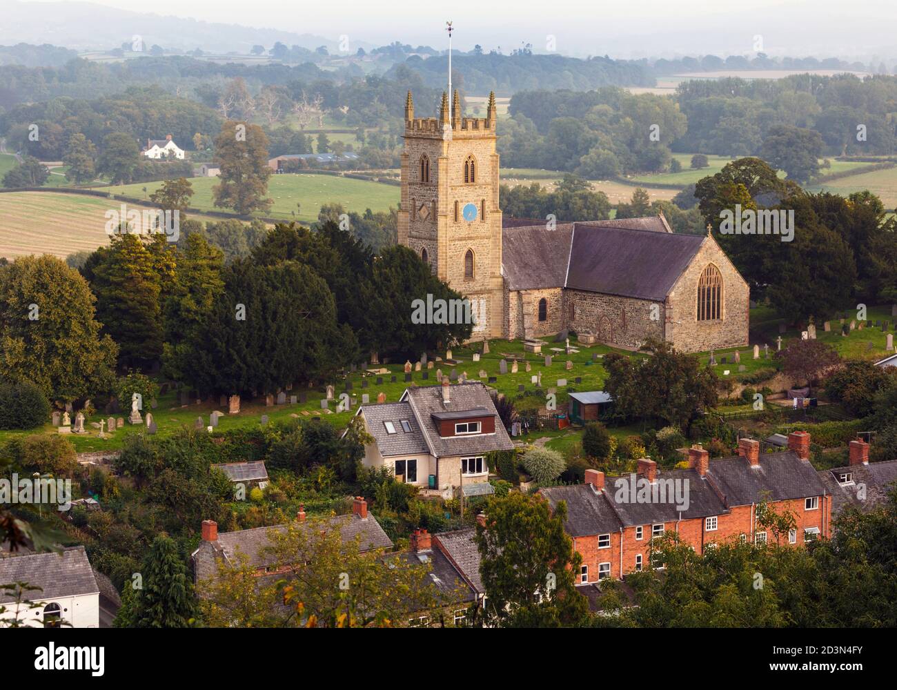 Montgomery, Powys, Wales, United Kingdom.  View over St Nicholas Parish Church. Stock Photo