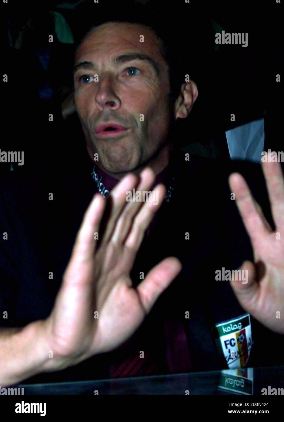 Joerg Haider president of the Austrian soccer team Karnten reacts during the UEFA Cup match Paok Salonica versus Karnten September 27, 2001. Paok won the match 4-0. REUTERS/Grigoris Siamidis  GS Stock Photo