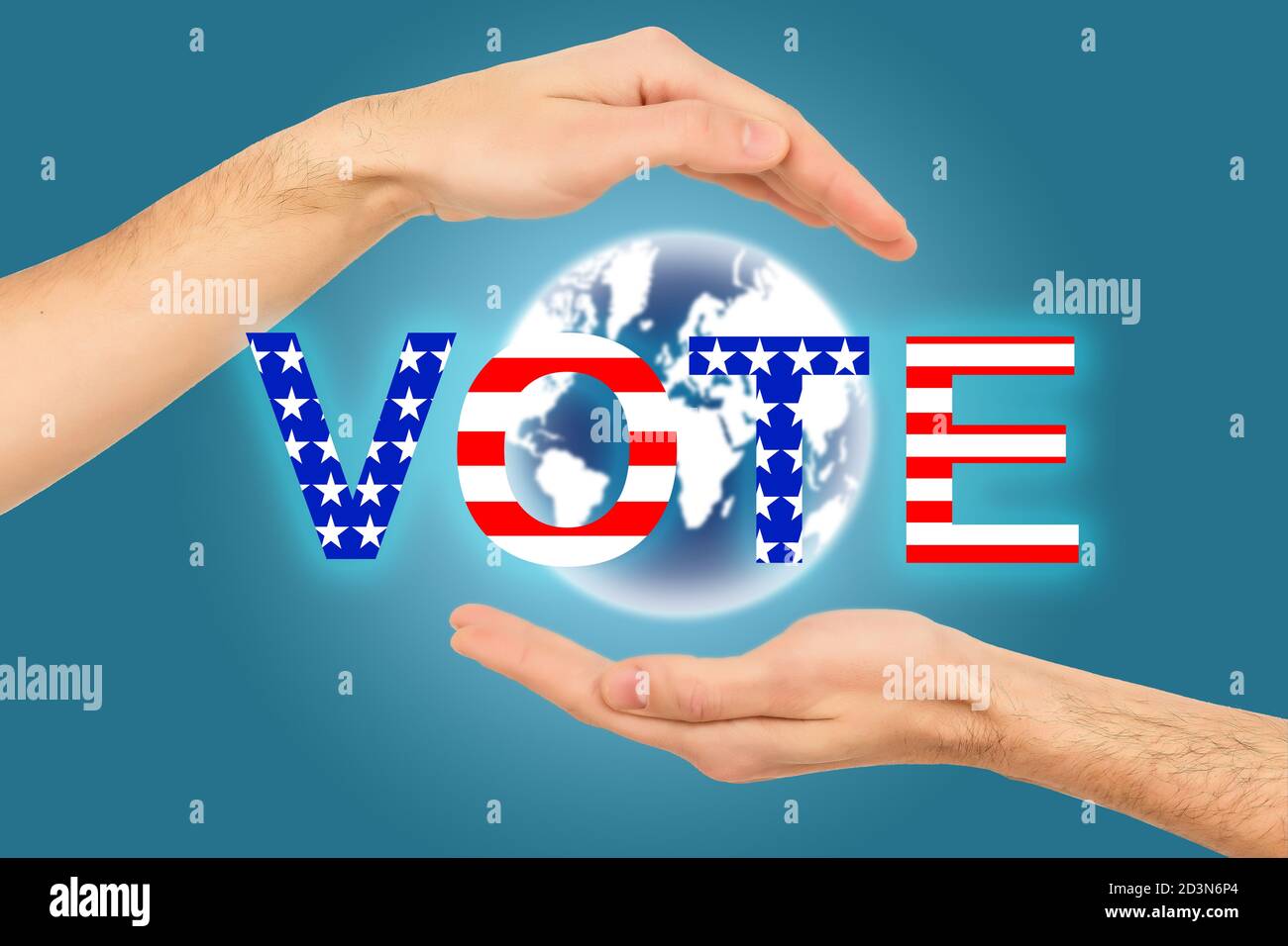 Open hand on white background, word vote Stock Photo
