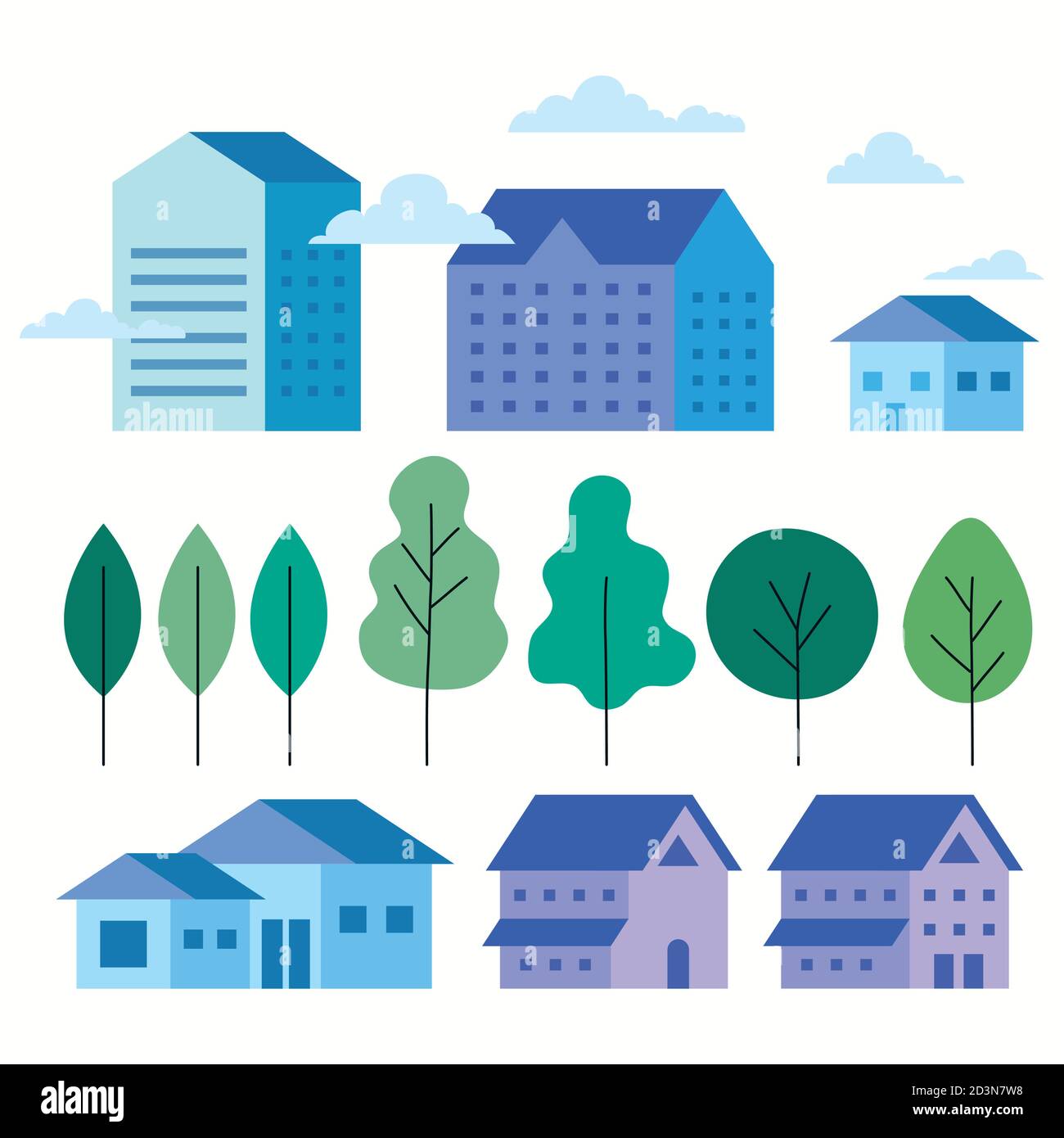 city buildings houses trees and clouds set vector design Stock Vector ...