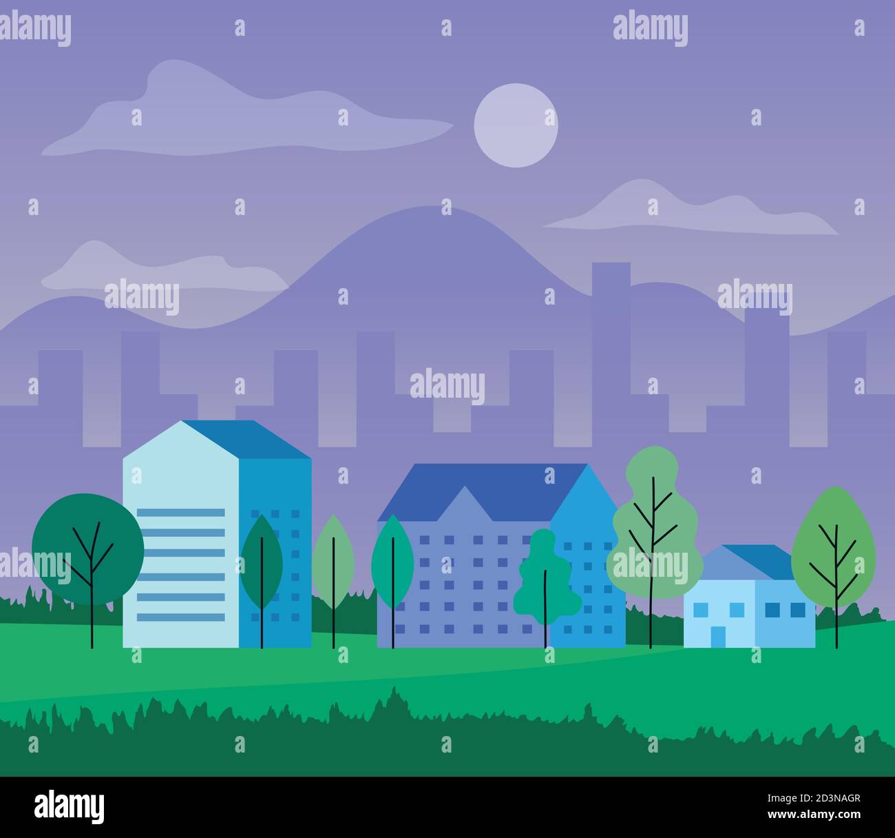 City landscape with houses trees clouds and sun vector design Stock ...