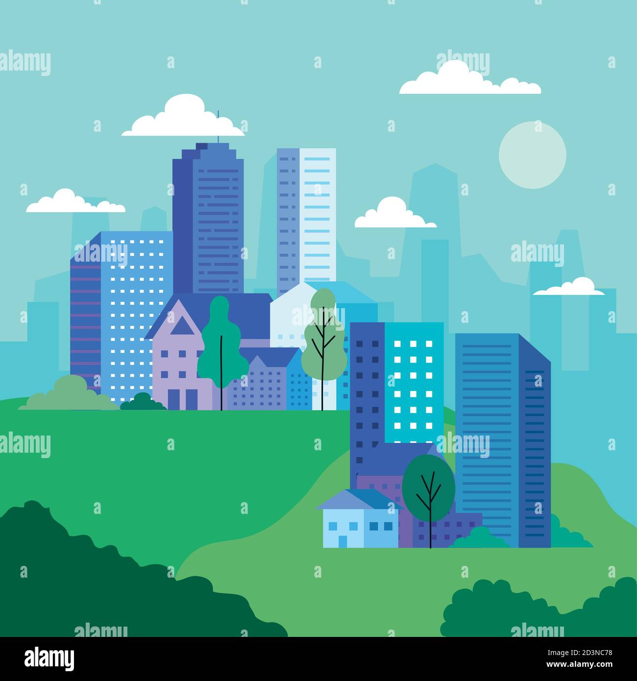 City landscape with buildings houses trees clouds and sun vector design ...