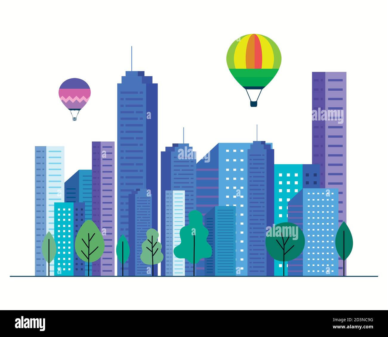 City buildings with hot air balloons and trees vector design Stock ...