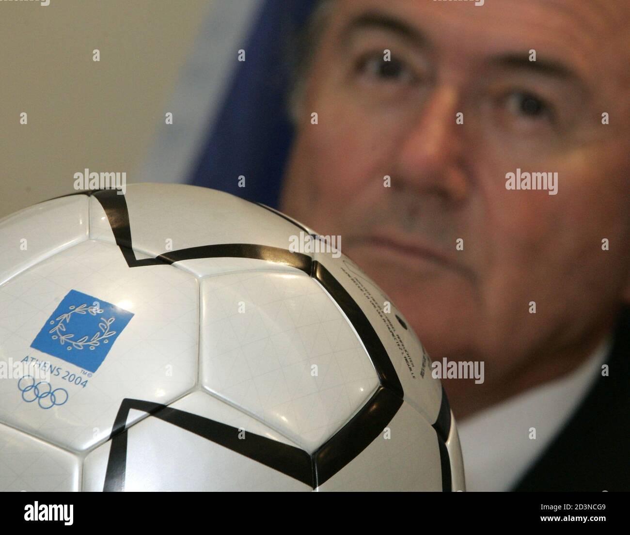 FIFA president Sepp Blatter speaks during a news conference in Athens, August 9, 2004. Blatter said on Monday that Ivan Slavkov will remain the president of the Bulgarian Football Association despite being suspended as the head of the country's Olympic committee. REUTERS/Ruben Sprich  RS/DL Stock Photo