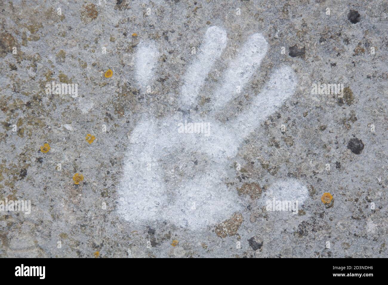 A white powdery hand print marks a rough limestone surface. The pattern of whorls on the palm and fingers are clearly imprinted. Isle of Portland, UK. Stock Photo