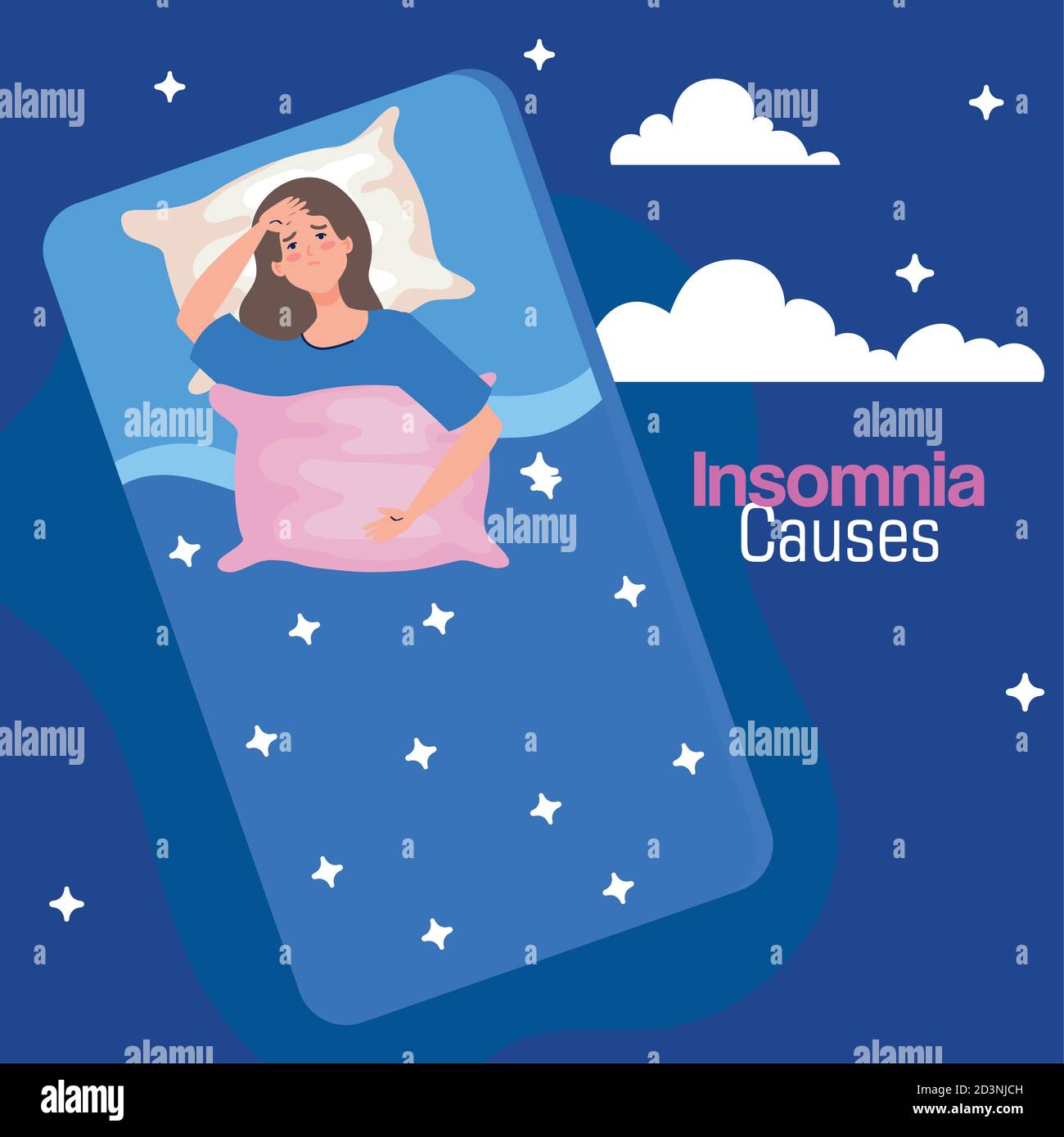 insomnia causes woman on bed with pillow and clouds vector design Stock