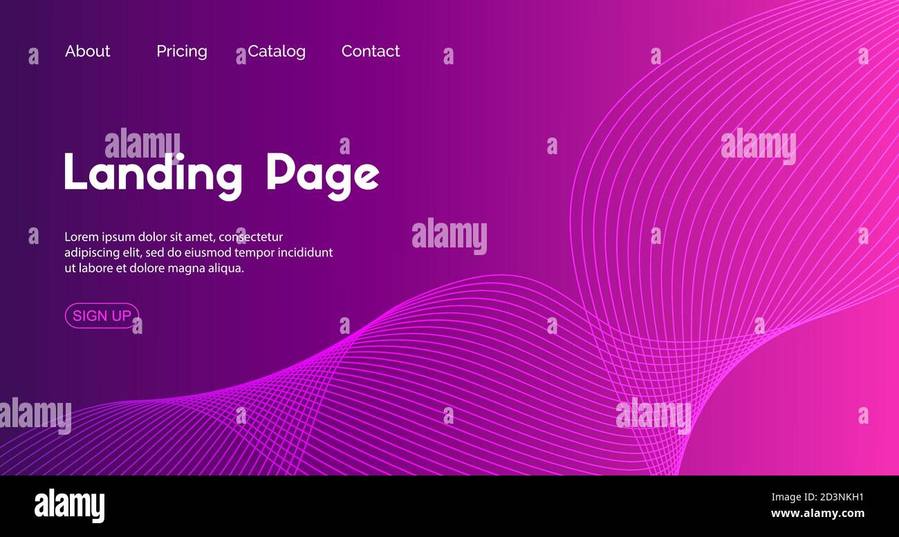 Landing page vector template. Abstract minimal background with dynamic wavy lines for web sites Stock Vector