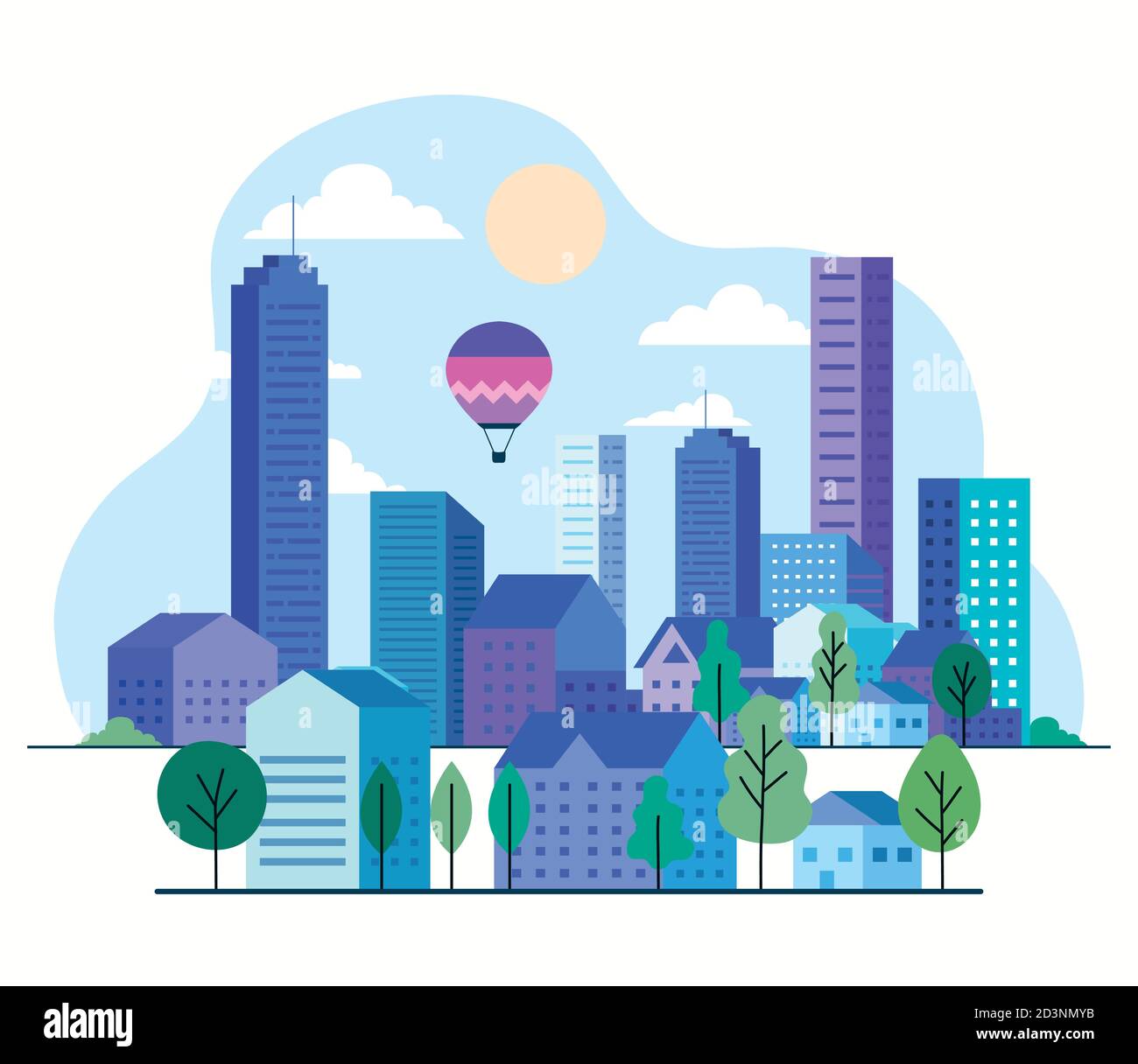 City landscape with buildings houses hot air balloons trees sun and ...
