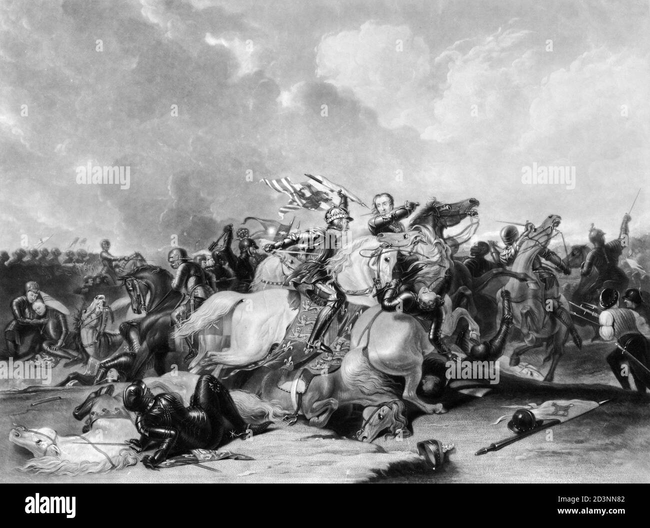 The Battle of Bosworth Field, the last significant battle in the Wars of the Roses, 1485. Richard III is on horseback  wielding a sword. Print from 1835. Stock Photo