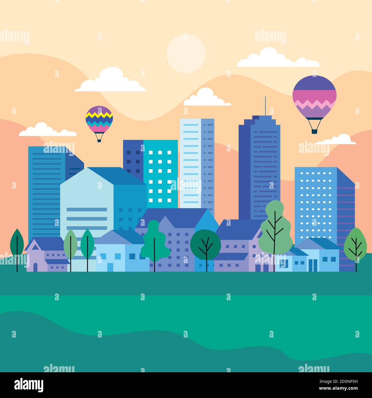 City landscape with buildings houses hot air balloons trees sun and ...