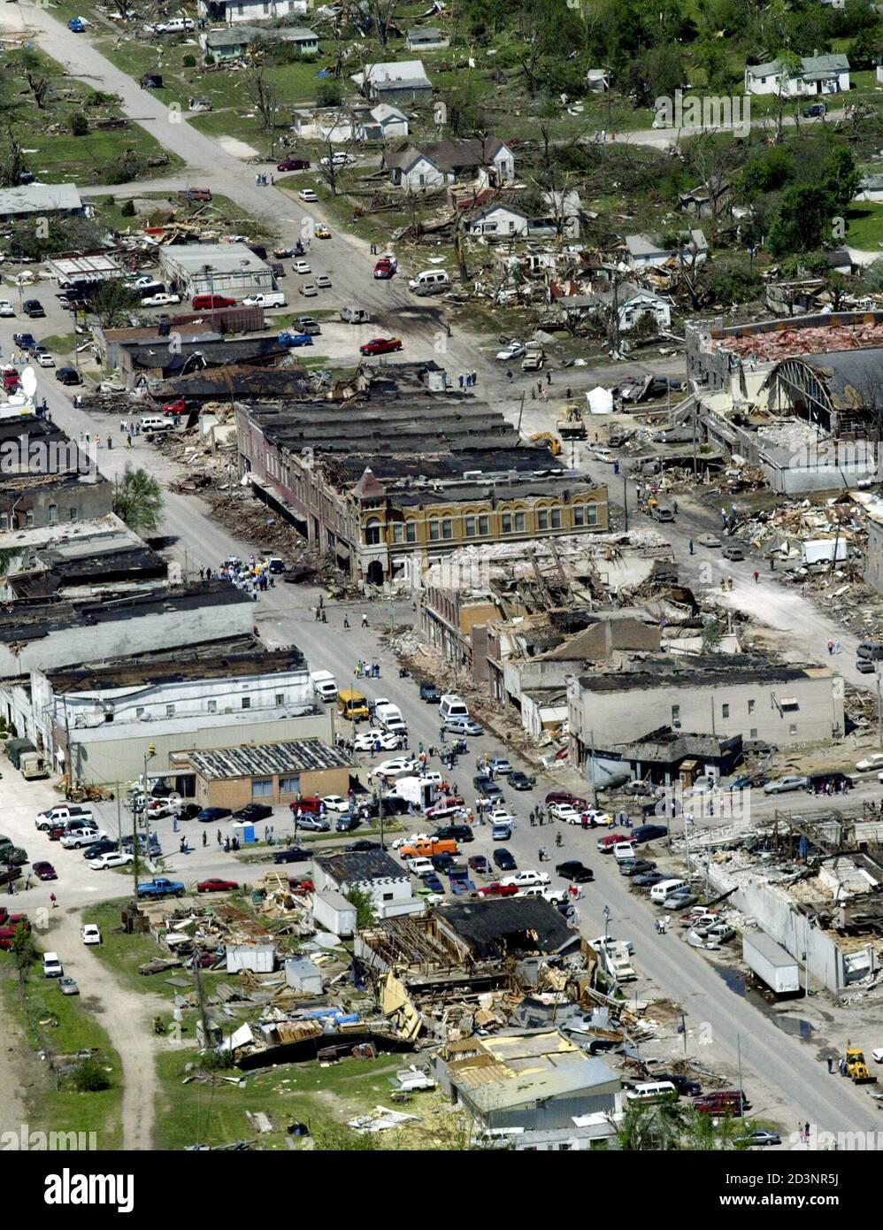 The downtown business district of Pierce City, Missouri lies in ruin