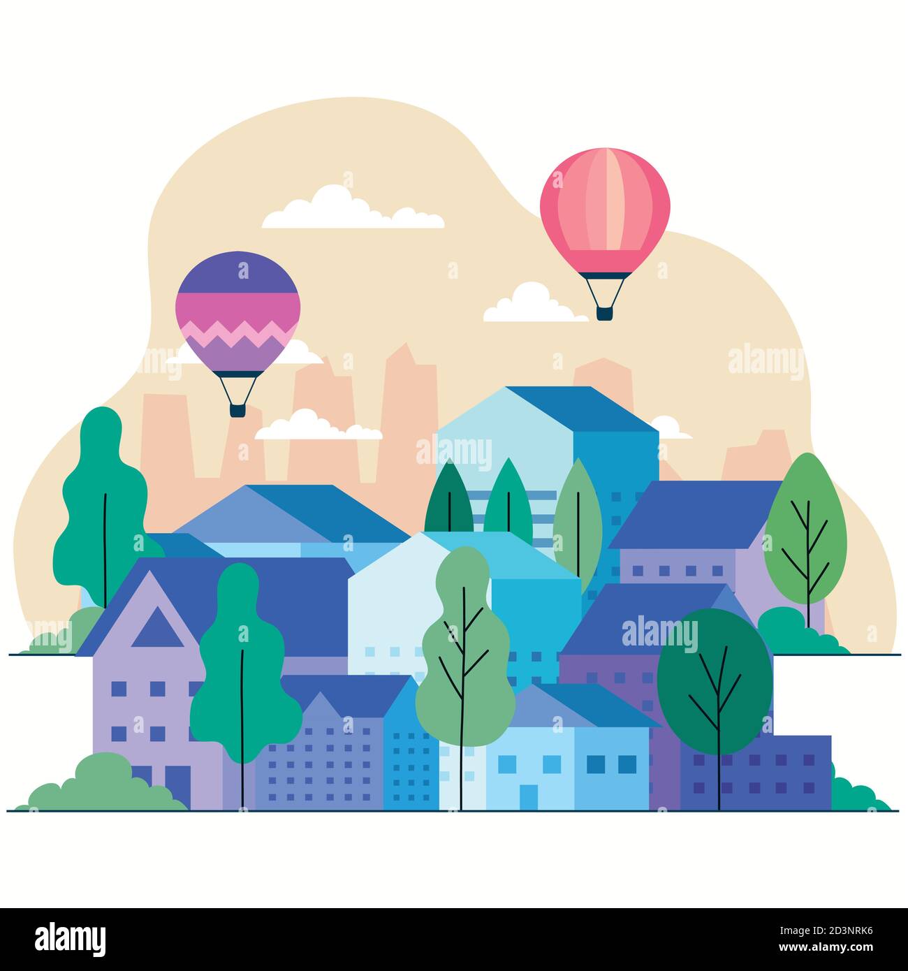 City houses with hot air balloons trees and clouds vector design Stock ...