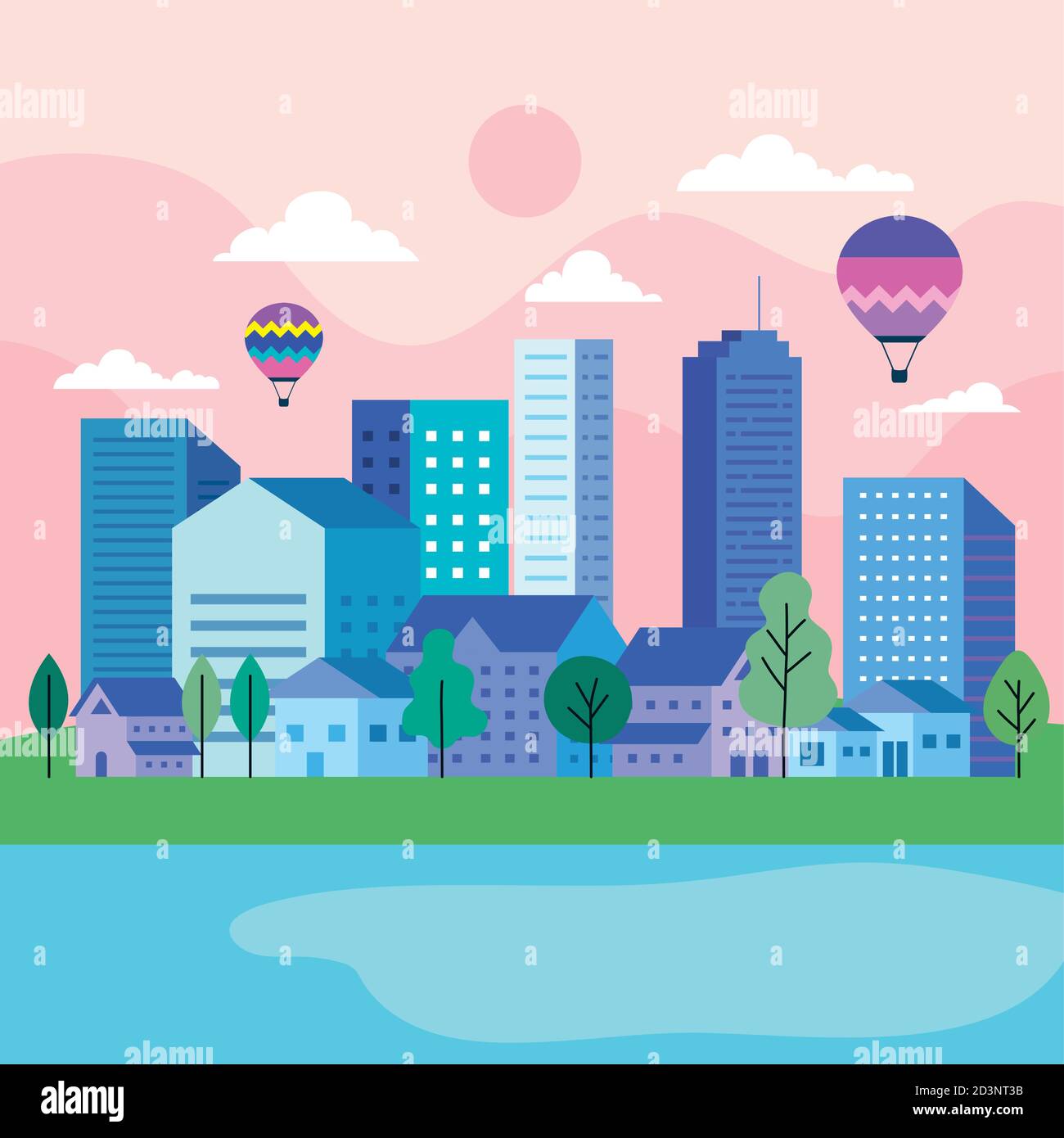 City landscape with buildings houses hot air balloons trees sun and ...