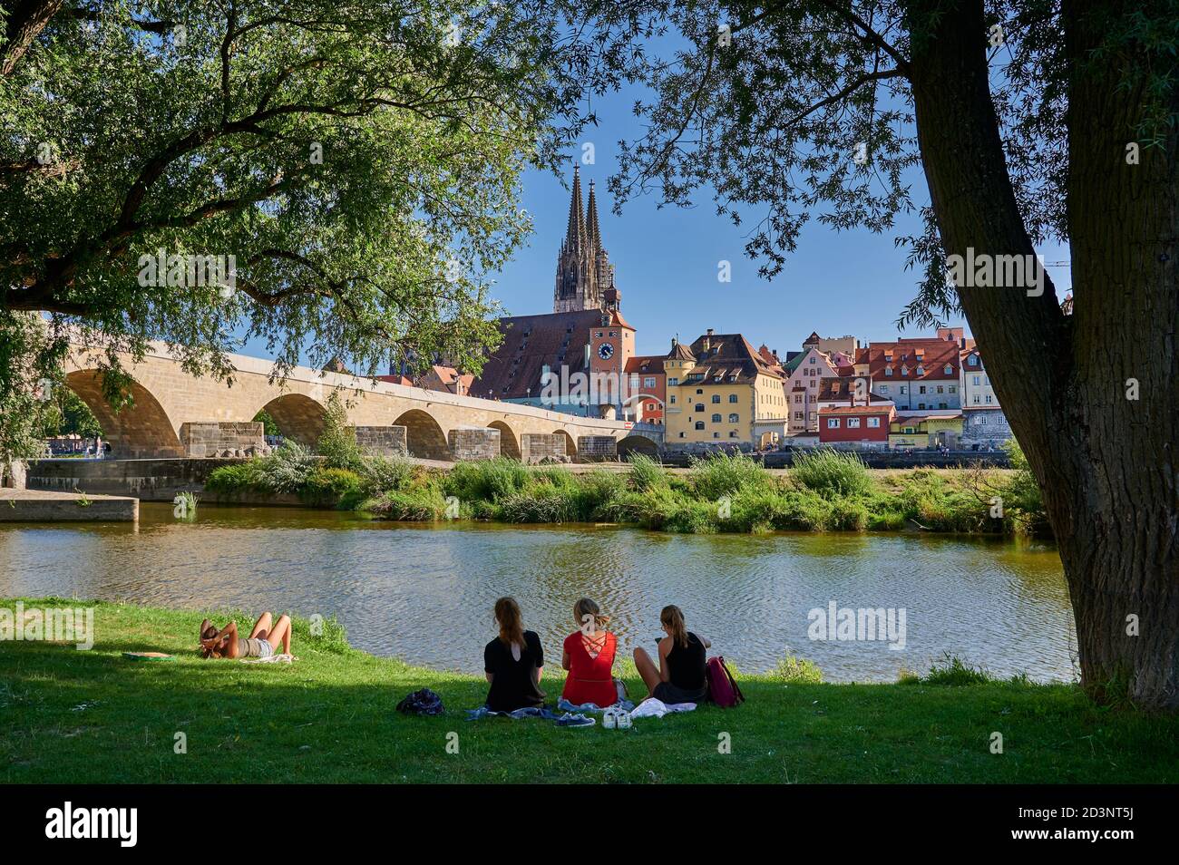 Stone Bridge (Steinerne Brucke) with cityscape and Saint Peters cathedral of  Regensburg, UNESCO World Heritage Site, Bavaria, Germany Stock Photo