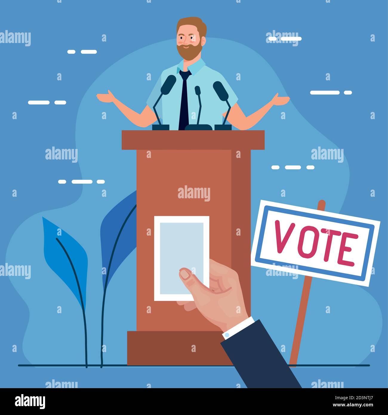 Election day man on podium and hand holding vote paper vector design ...