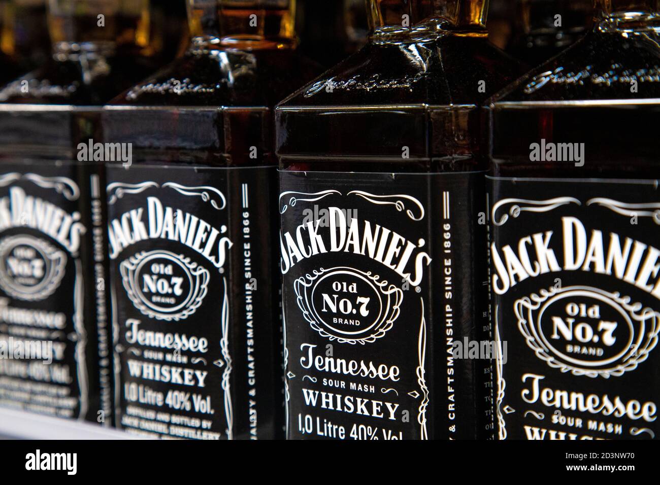 Bottles of Jack Daniels No. 7 Tennessee Whiskey at a supermarket Stock Photo