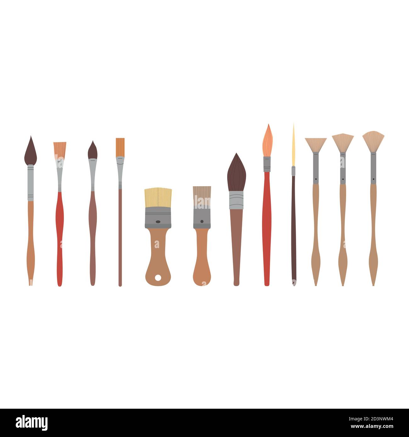 Drawing tools, set paint brushes in row on white isolated background