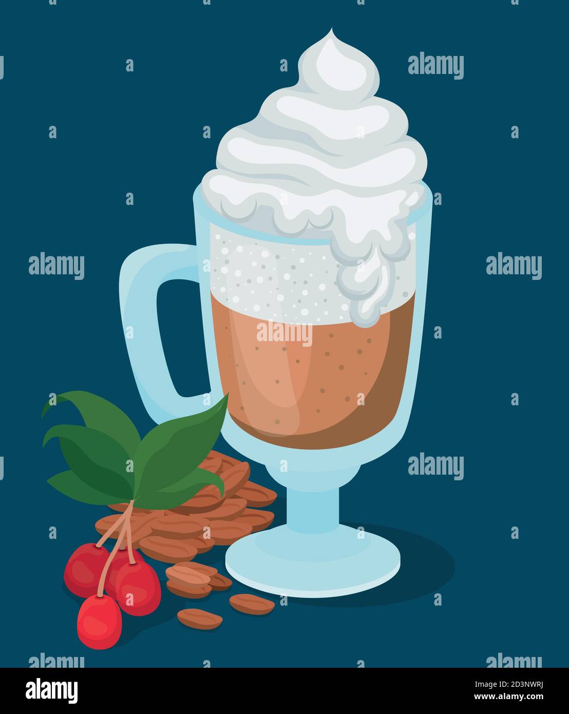 iced coffee cup with cream berries leaves and beans vector design Stock