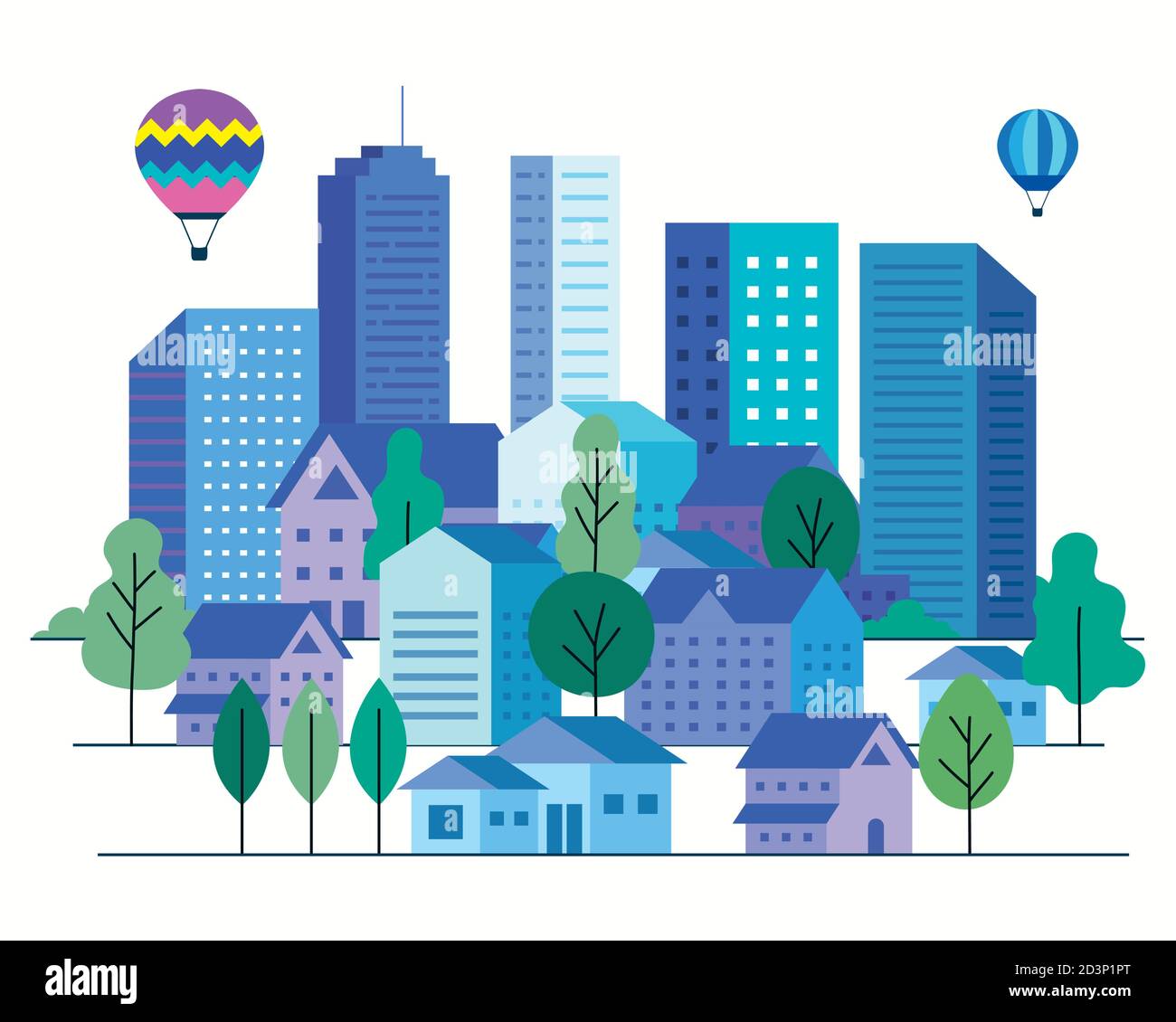 City landscape with buildings houses hot air balloons and trees vector ...
