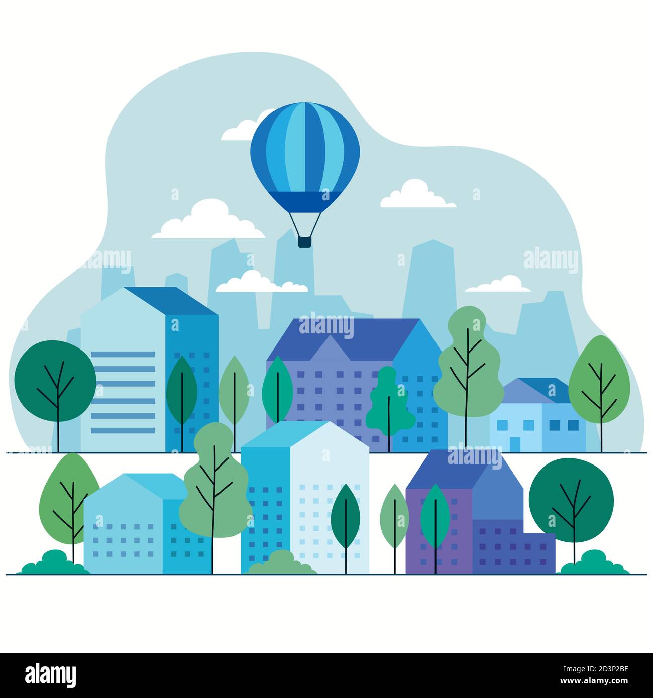 City houses with hot air balloons trees and clouds vector design Stock ...
